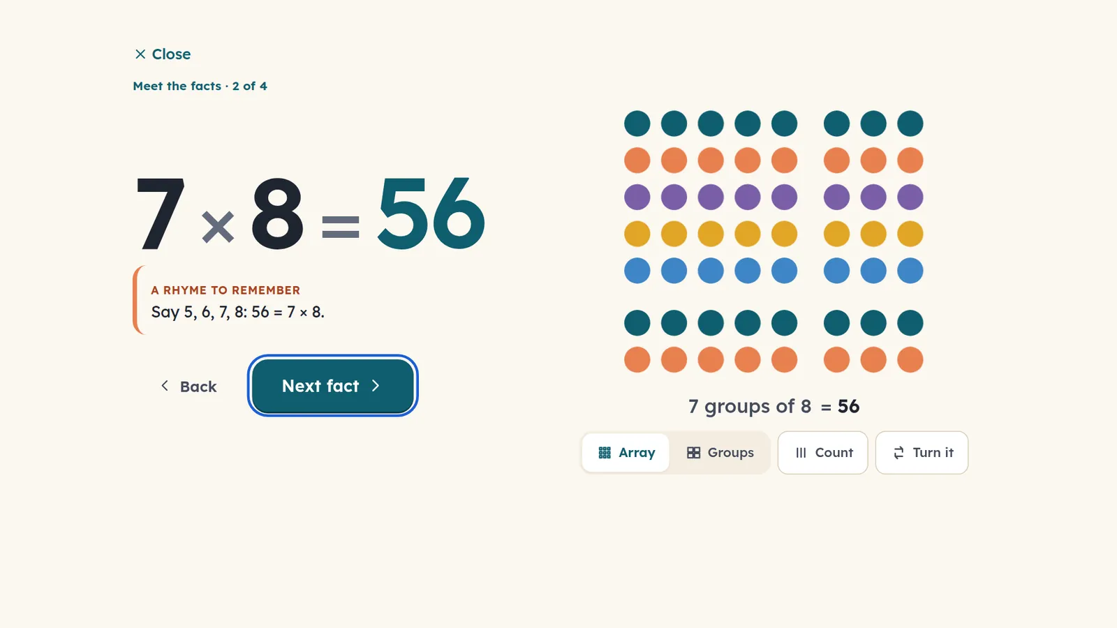 7 × 8 = 56 shown as 7 rows of 8 coloured dots, with a rhyme: 5, 6, 7, 8