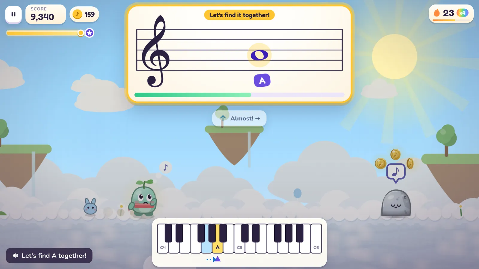 A hint screen showing the note A on the staff and the matching key glowing on a keyboard