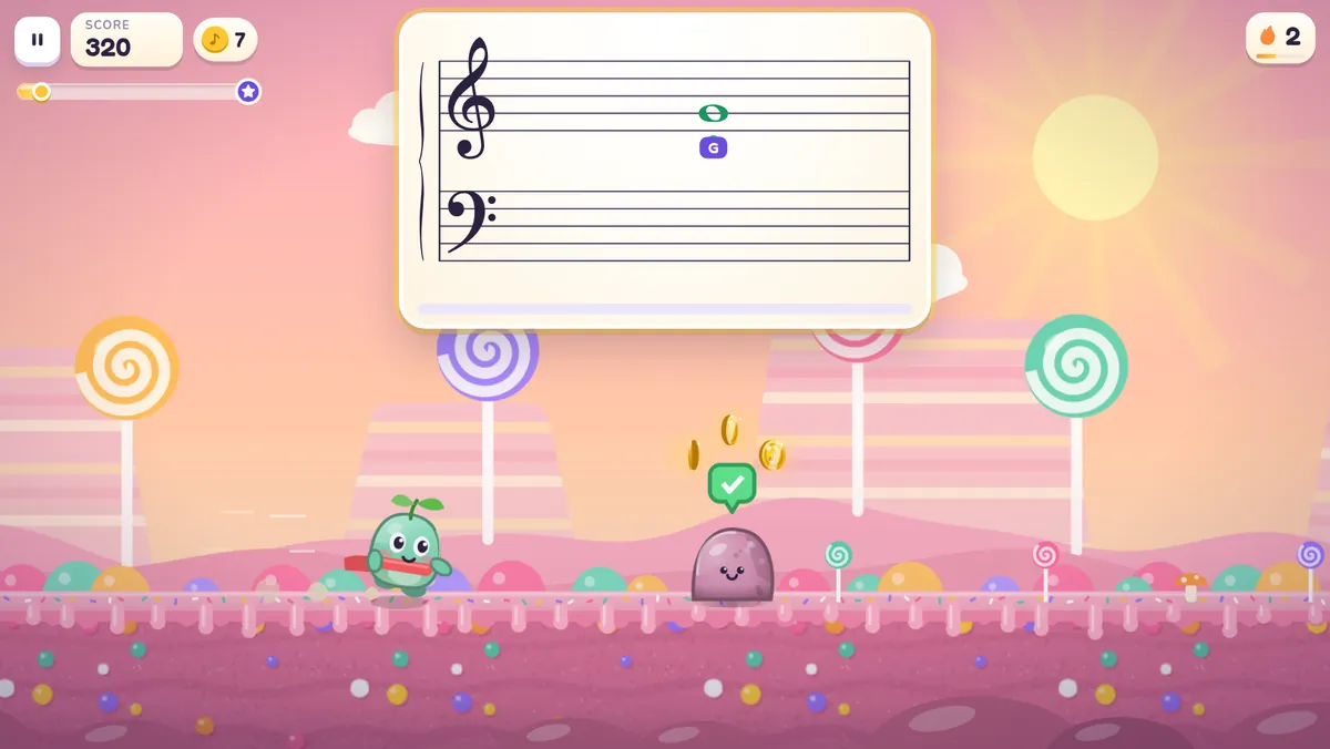 A candy canyon with lollipops and the grand staff