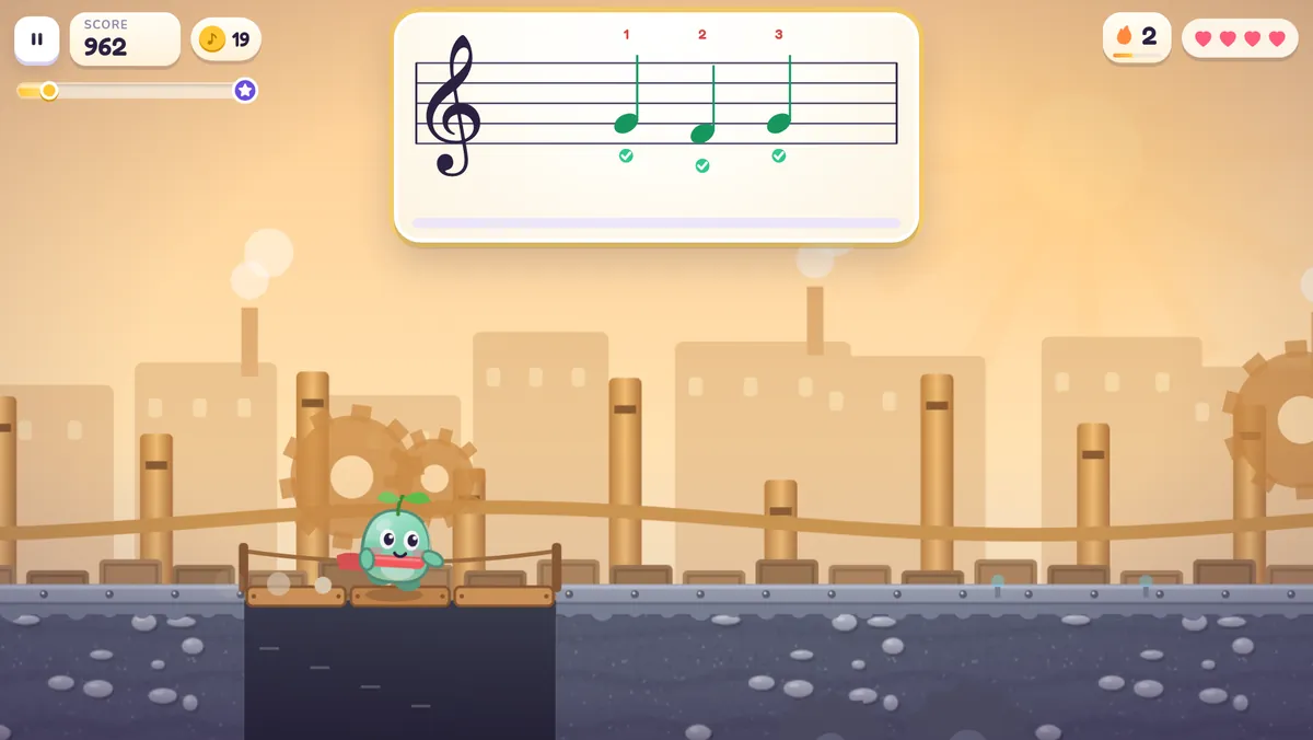 A clockwork factory where Pip builds a bridge from three notes