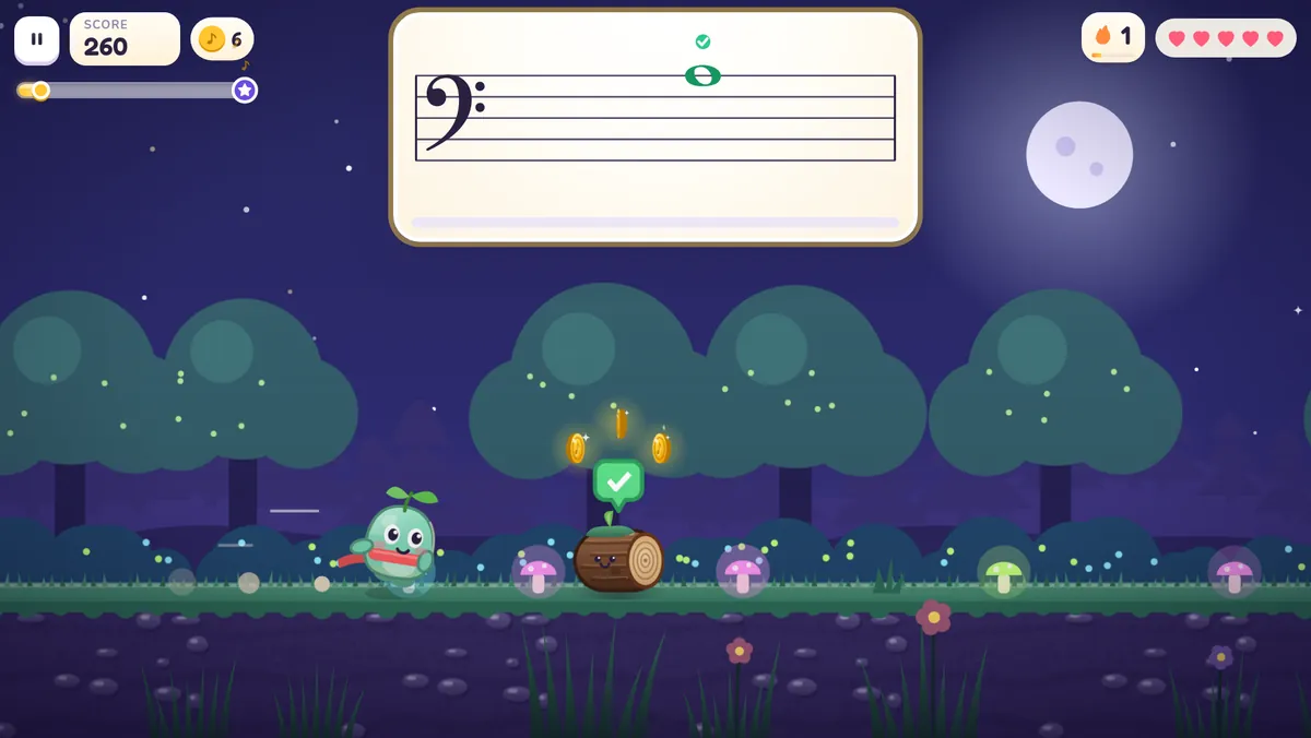 A moonlit forest with glowing mushrooms and the bass clef