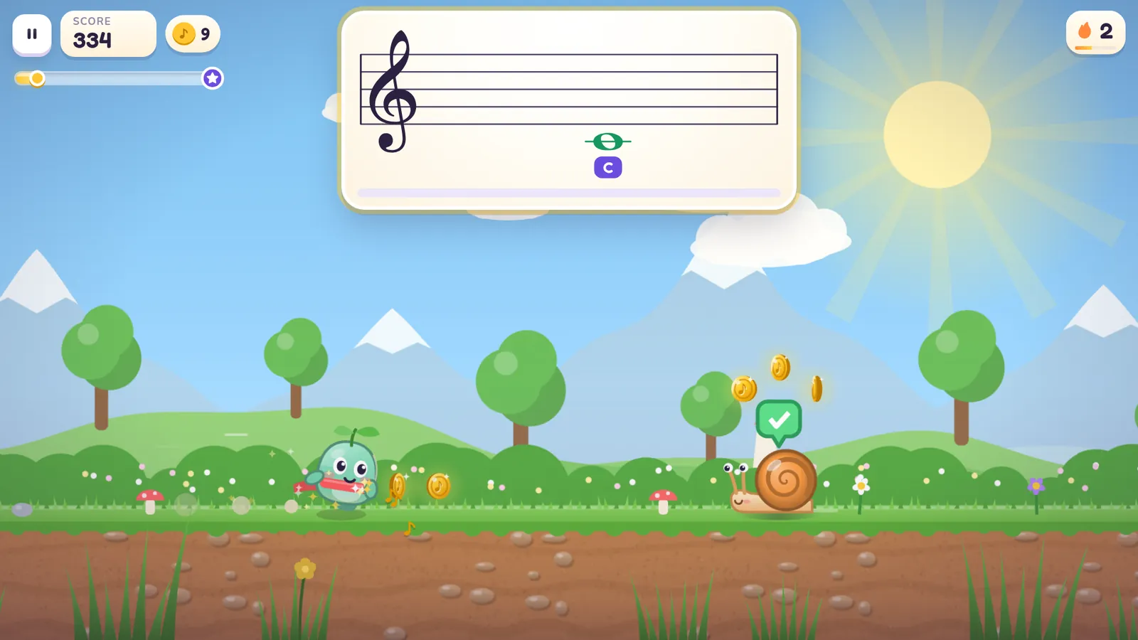 Pip runs through a sunny meadow while a note waits on the staff